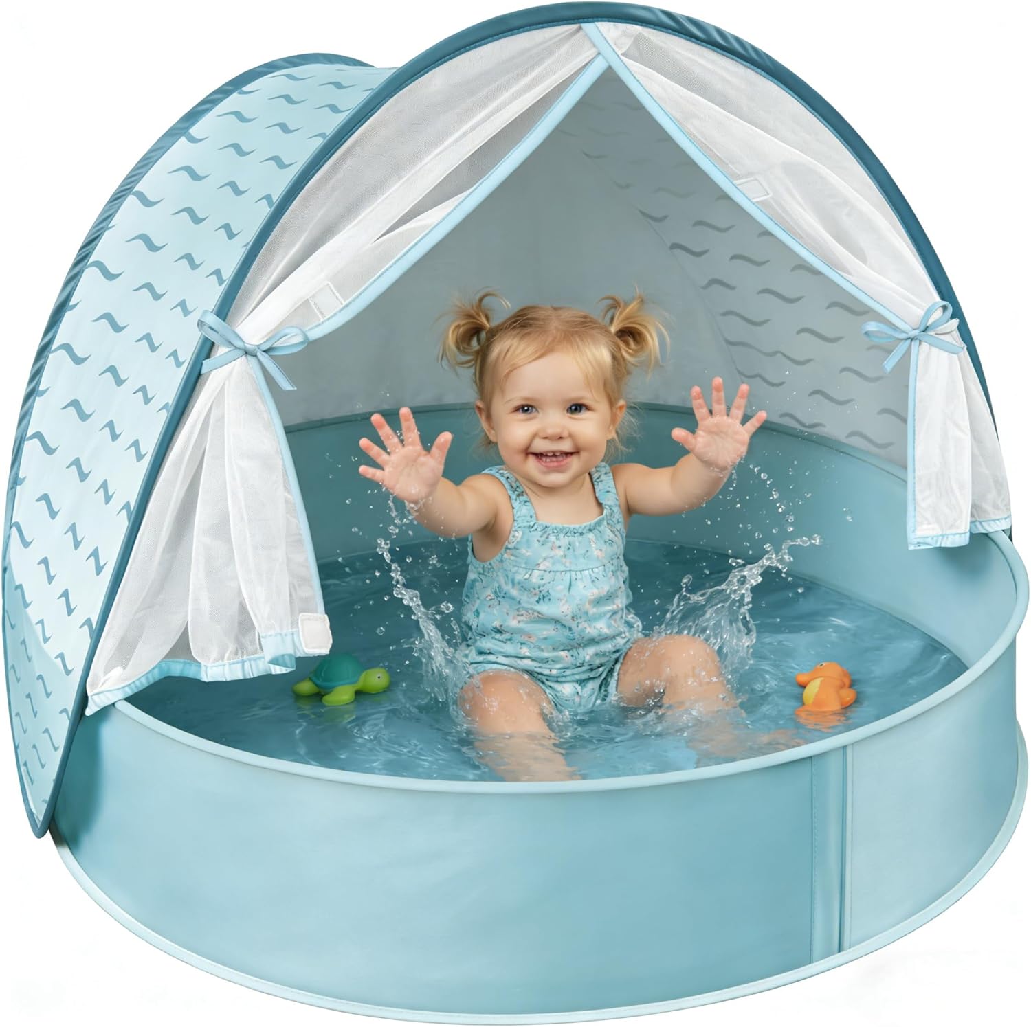 Baby Beach Tent with Pool, 3-in-1 Upgrade Pop Up UPF 50+ Sun Protection Shelter with Mosquito Net Babies Toddlers Portable Outdoor Summer Essentials for Beach, Backyard, Indoor- Blue Wave Bl