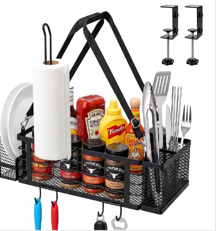 HOUSE AGAIN Grill Caddy for Blackstone Griddles, BBQ Organizer with Paper Towel Holder, Utensil Holder & Hooks, Outdoor Grill Storage Caddy for Condiments, Picnic Accessories Organizer, Camping & RV