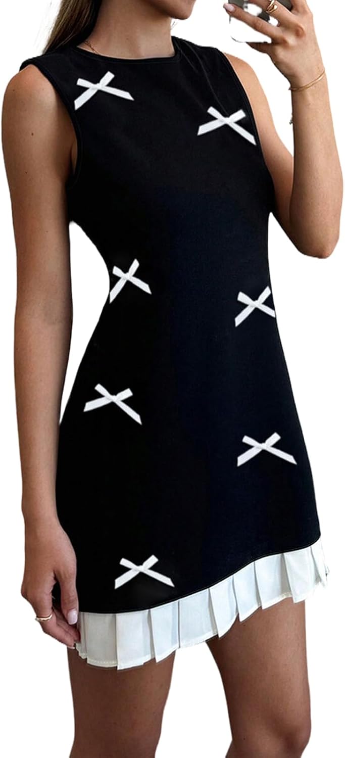 Women's Elegant Splicing Pleated Mini Dress Fashion Crewneck Sleeveless Patchwork Party Office Tank Dress