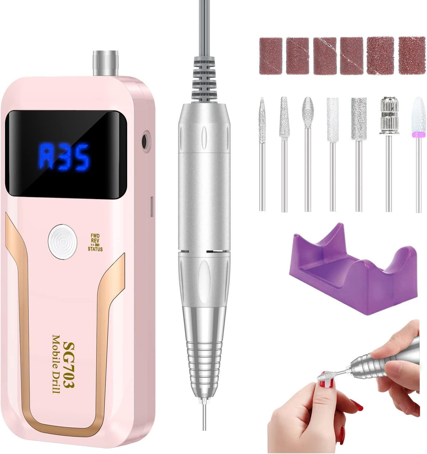 MOCOWIND Portable Nail Drill Professional 35000 RPM, Rechargeable Electric Nail File Machine Cordless E-File for Acrylic Gel Polishing Removing with Bits Kit for Manicure Salon Home, Pink