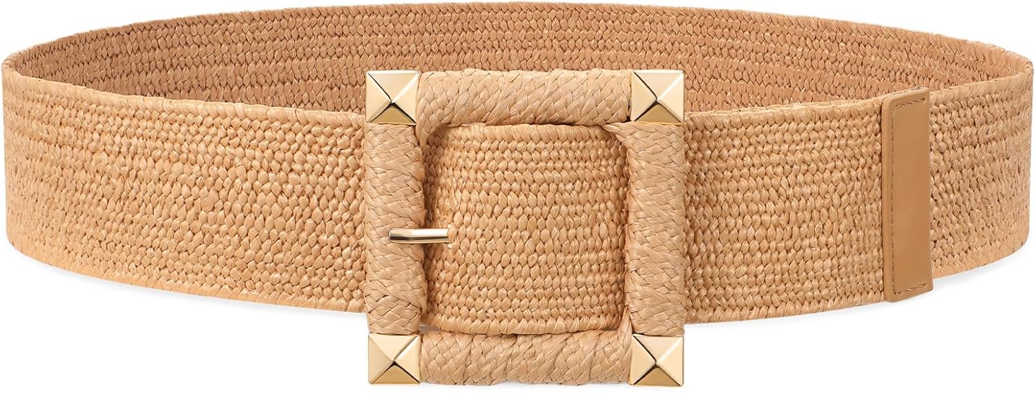VONMELLI Straw Woven Elastic Belt Boho Braided Belts for Women Bohemian Belt for Summer Dress Khaki XS