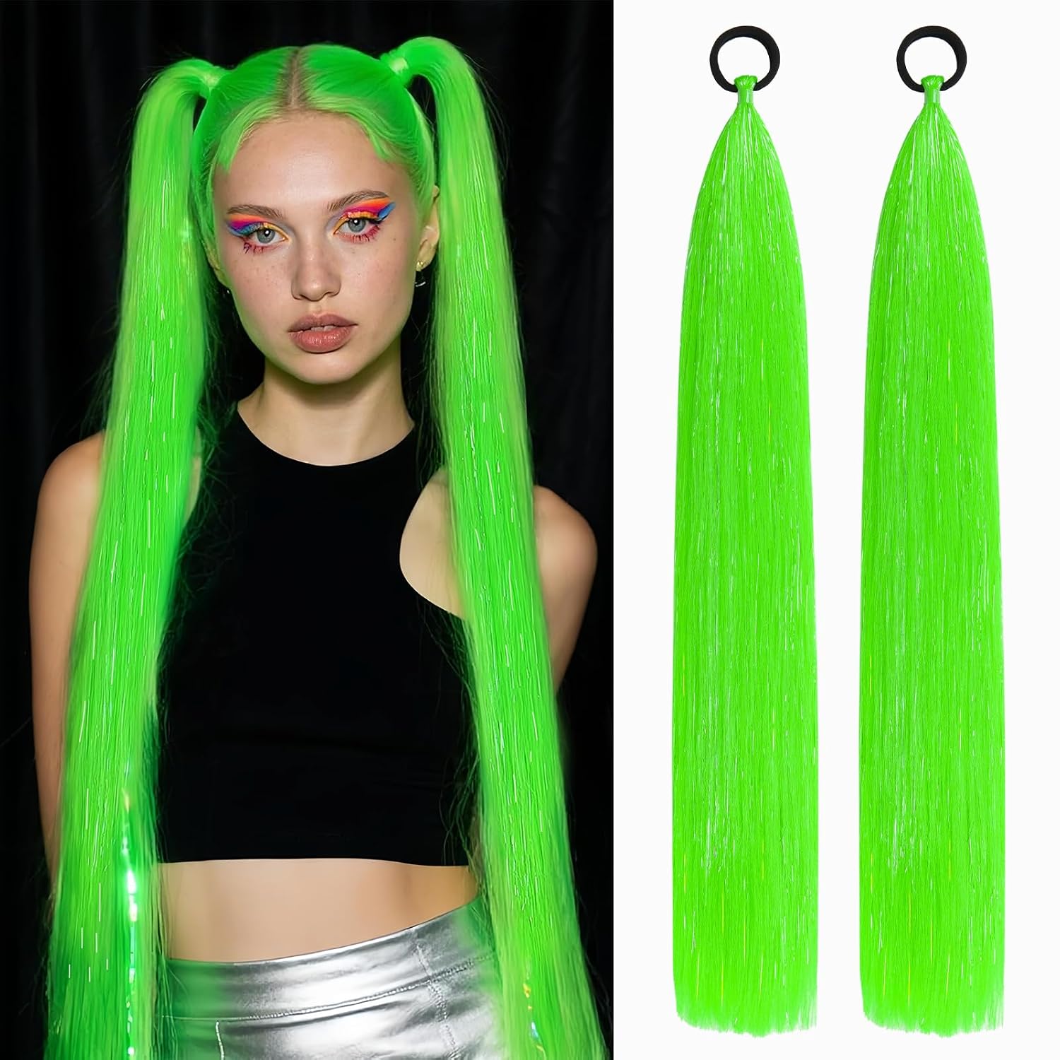 Green Ponytail Extension for Women Girls, 2 Pack Braided Hair Extensions with Tinsel, 26 Inch Colorful Synthetic Ponytail Extension with Elastic Tie for Daily Cosplay & Dress Up Party