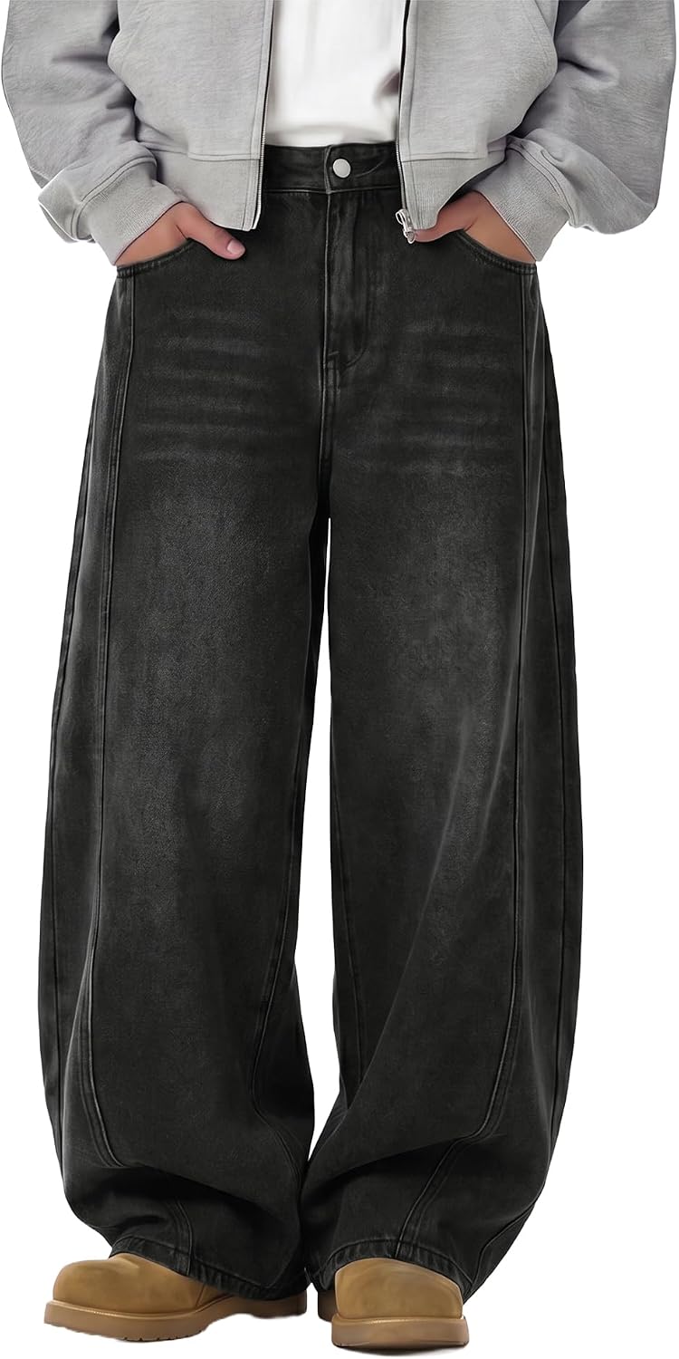 Mens Baggy Hip-Hop Jeans Wide Leg Loose Fit Denim Pants Y2K Vintage Streetwear Skater Jeans with Elastic Waist