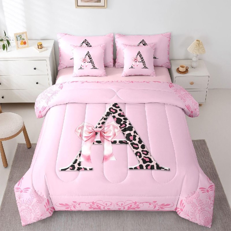 Feelyou Initial Letter A Comforter Set with Sheets 7 Piece Twin Size Leopard Print Bedding Set for Kids Boys Girls Bowknot Alphabet Bed in a Bag Cheetah Fur Room Decor Soft Microfiber