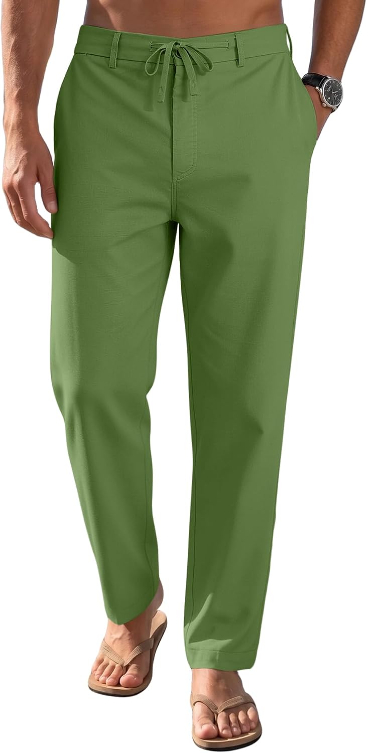 Mens Linenl Pants Casual Loose Straight Elastic Suit Waist Drawstring Trousers Lightweight Beach Vacation Pants