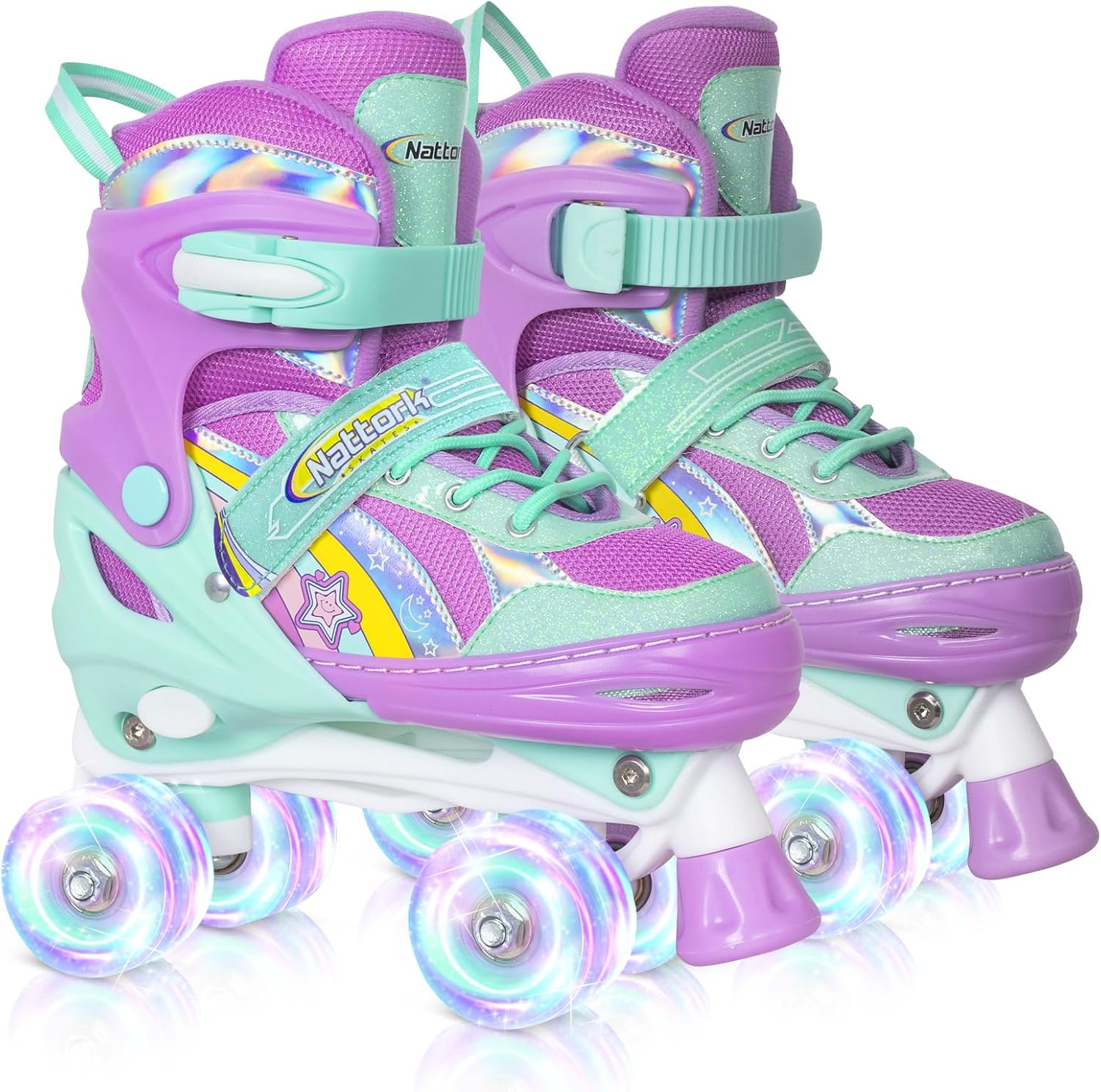 Kids Roller Skates for Girls, 4 Size Adjustable Rainbow Quad Skates with All Light Up Wheels - Best Birthday Gift for Outdoor Sports