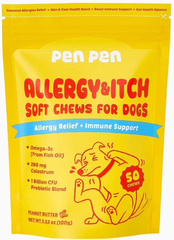 PENPEN Dog Allergy Relief Chews, Dog Itching Skin Relief, Omega 3 for Dogs Itch Supplement, Relieve Seasonal Allergy, Provide Immune Support (Peanut Butter Chews, 50ct)