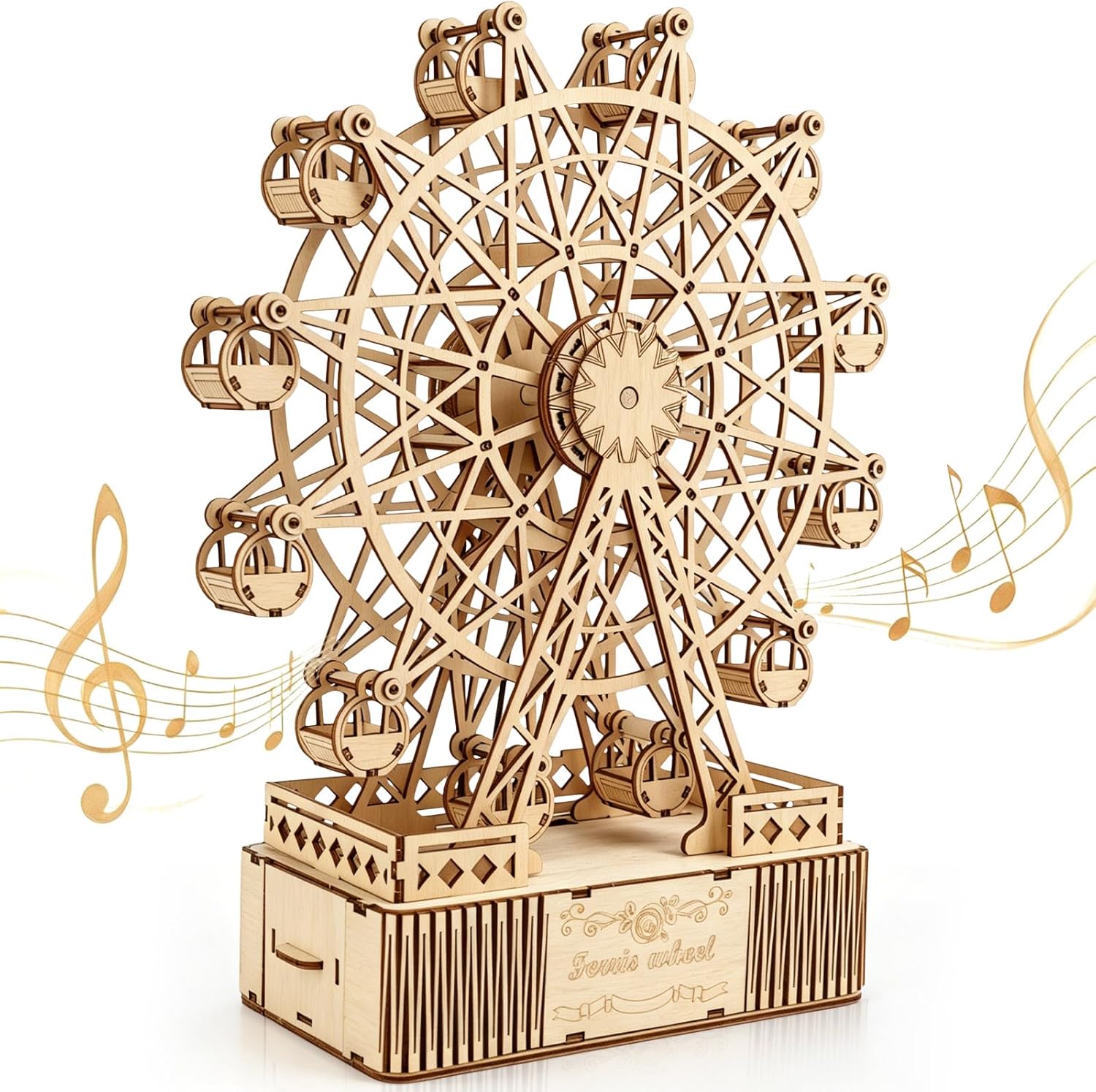 BELEEV 3D Wooden Puzzle Ferris Wheel Wind-Up Music Box for Adults and Teens