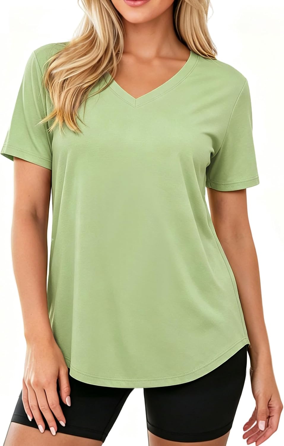 MAPICK Women's V Neck Tee Loose Fit Athleisure Shirt for Summer Sage Green
