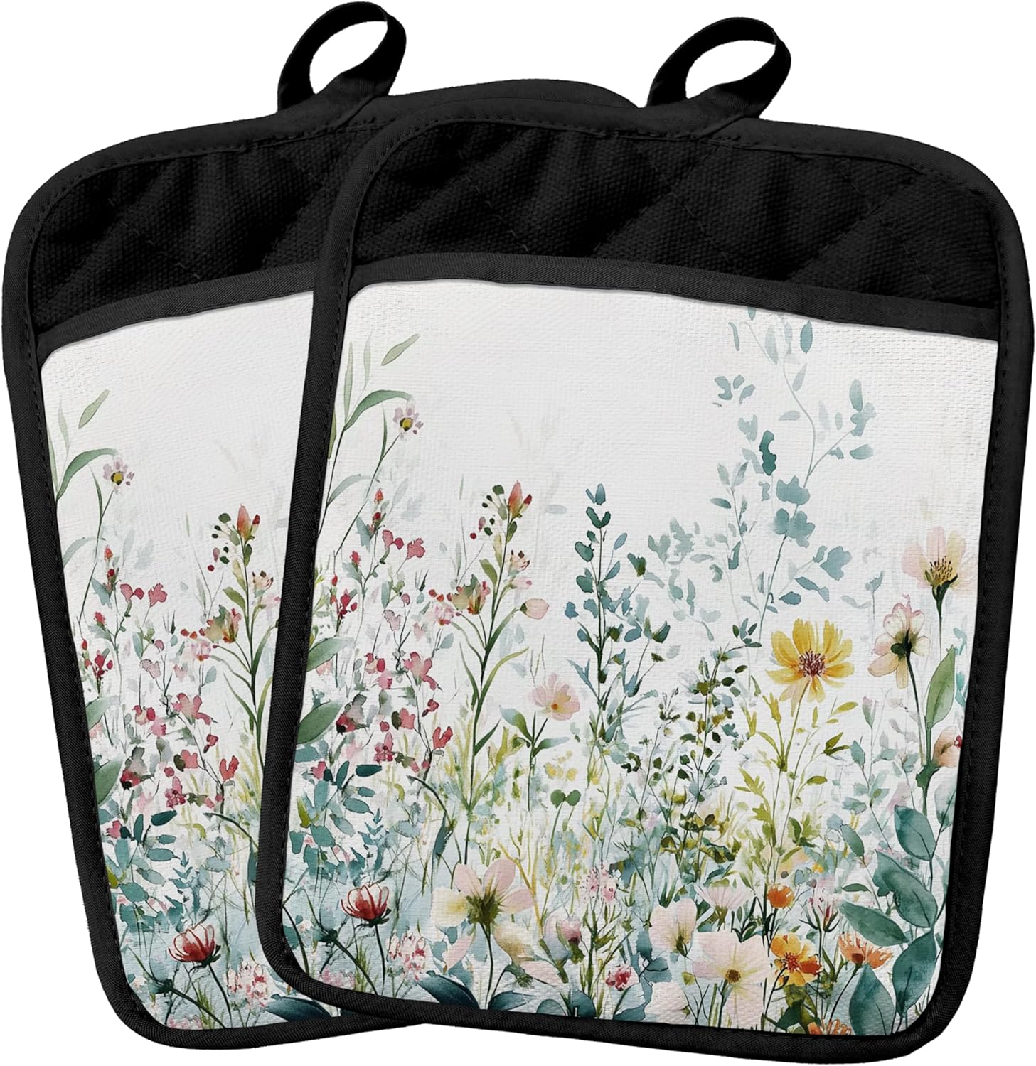 Rustic Spring Floral Pot Holders 2 Pack Set, Cottagecore Kitchen Decor, Vintage Country Spring Wildflower Botanical Heat Resistant Oven Hot Pads for Kitchen Countertop Baking