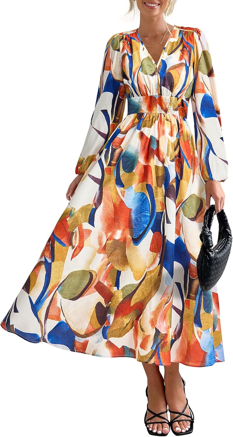 PRETTYGARDEN Women's Boho Floral Long Puff Sleeve V Neck Midi Dress