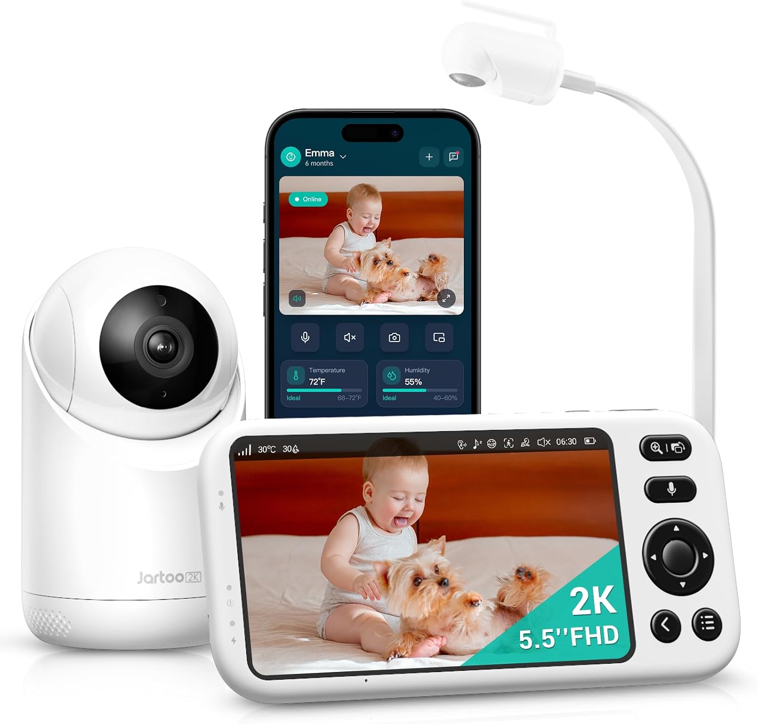 Jartoo Smart Baby Monitor with 2K Camera & Mount, 2000ft Long Range, 5.5" Screen, Hybrid Wi-Fi and No Wi-Fi Connection, AI-Powered Detection, Free App & 24/7 Recording, ANR