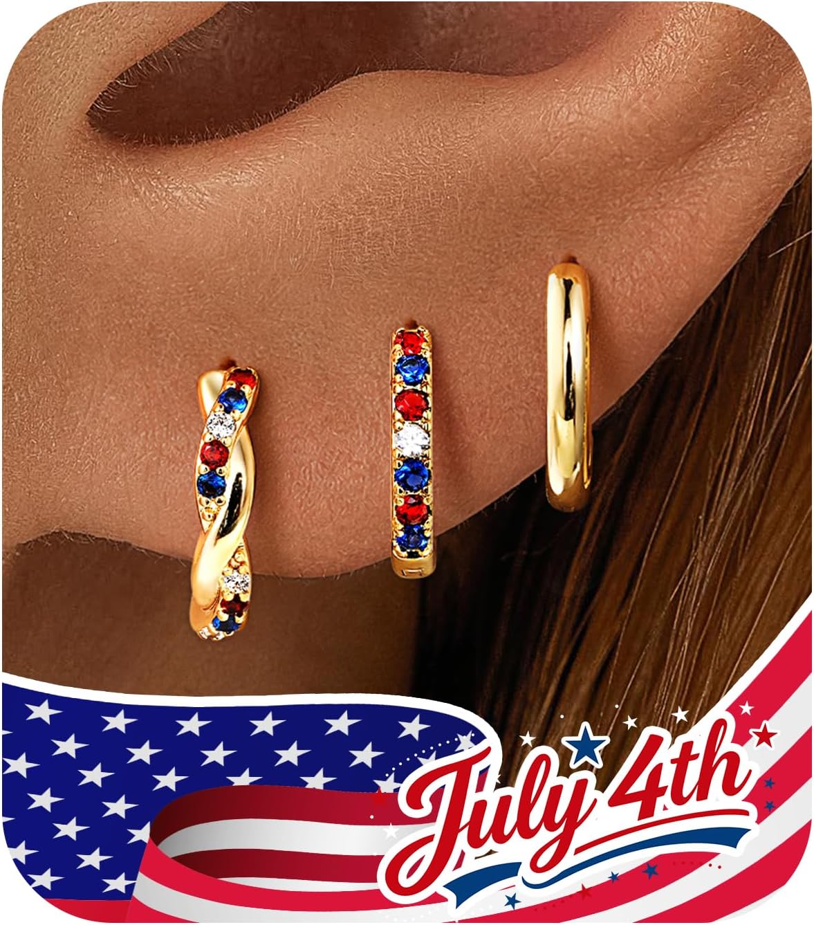 4th of July Earrings for Women, 14K Gold Plated Patriotic American Flag Earring Independence Day Outfit Accessories Dainty Huggie Hoops Set Hypoallergenic Red White Blue Stud Jacket Jewelry