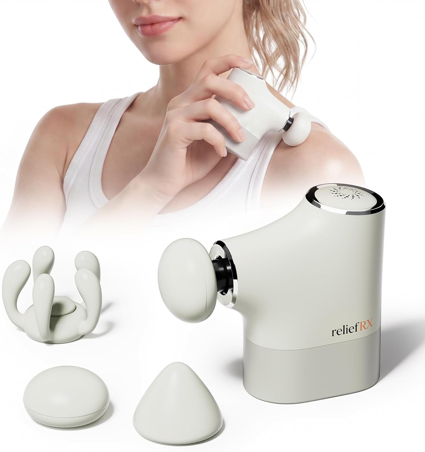 ReliefRX Pocket Mini Massage Gun for Neck and Shoulders, 0.4lb Ultra-Light Portable Quiet Deep Tissue Massager, 5 Speeds, 3 Silicone Heads, USB-C Charging, Gift Box for Home Office Gym Trave