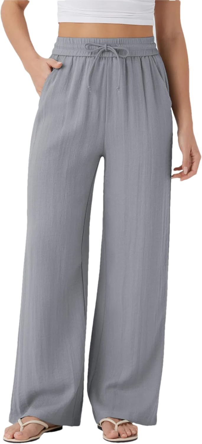 Womens Summer Linen Pants Drawstring Elastic Waist Wide Leg Palazzo Flowy Pants Lounge Beach Vacation Trousers