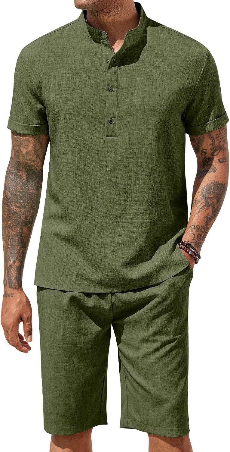 COOFANDY Men's 2 Pieces Set Short Sleeve Henley Shirts and Shorts Set Texture Summer Beach Vacation Outfits