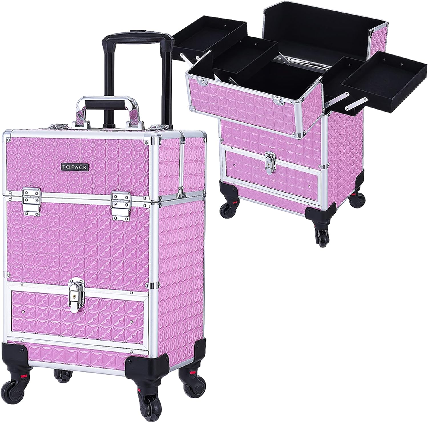 TOPACK 3-In-1 360 Rotaing Rolling Makeup Train Case with Trolley/Drawer