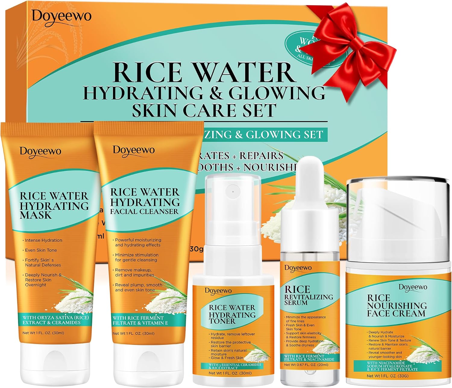 Skin Care Set,5Pcs Women Teen Glass Skincare w/Korean Rice Extract,Hydrate Glow Repair Anti-Aging Facial Routine Mini Kit Self Care Gifts for Women Mom Wife Teens Teenage Girl Airplane-Frien